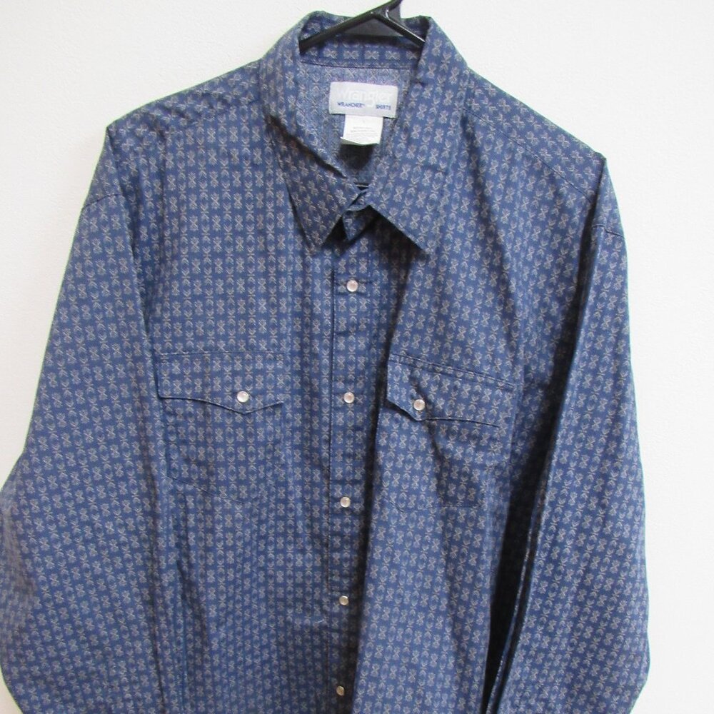 Wrangler Wrancher Blue Geometric Pattern Long Sleeve Pearl‎ Snap Shirt 2XL